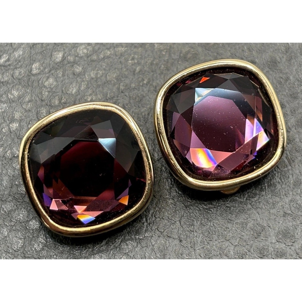 Vintage SAL Swarovski Purple Glass Crystal Cushion Clip-On Earrings Gold Tone